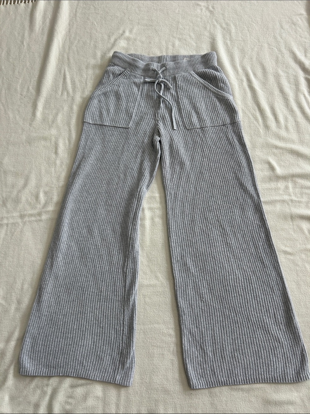 aerie Light Gray Ribbed Wide-Leg Knit Pants with Drawstring